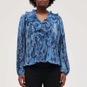 $195 Sz 34 XS GANNI Pleated Blue Georgette V-Neck Ruffle Long Sleeve Blouse